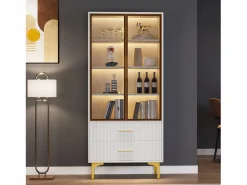 Vitrina blanca con 2 puertas de cristal marrón y 2 cajones, LED incluido - 70x35x150cm Vitrina