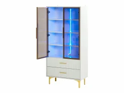 Vitrina blanca con 2 puertas de cristal marrón y 2 cajones, LED incluido - 70x35x150cm Vitrina
