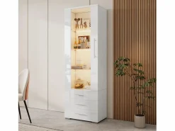 Clearance Vitrina blanca con iluminación LED, 60x35x180 cm, 3 cajones, estilo moderno, para salón y oficina Vitrina