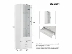 Clearance Vitrina blanca con iluminación LED, 60x35x180 cm, 3 cajones, estilo moderno, para salón y oficina Vitrina