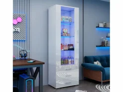 Sale ModernLuxe Vitrina brillante - con LED - 3 cajones y estantes - 60x35x180 cm - MDF - Blanco