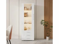 Sale ModernLuxe Vitrina brillante - con LED - 3 cajones y estantes - 60x35x180 cm - MDF - Blanco
