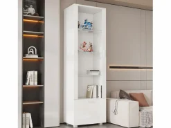 Outlet Merax Vitrina brillante con puertas de acrílico - 50 x 40 x 160 cm - con LED + 3 estantes - Acrílico + aglomerado - Blanco