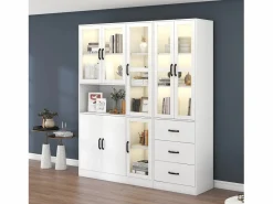 New Merax Vitrina combinada moderna con 8 puertas y 3 cajones - LED - Madera MDF - Lacado - 180 x 40 x 200 cm Blanco