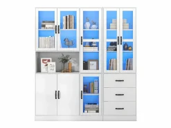 New Merax Vitrina combinada moderna con 8 puertas y 3 cajones - LED - Madera MDF - Lacado - 180 x 40 x 200 cm Blanco