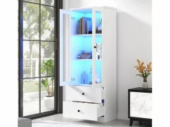 Outlet Merax Vitrina con 2 puertas y 2 cajones - 60 x 36 x 165 cm - LEDs - Estantes regulables - Tablero de partículas + MDF - Blanco