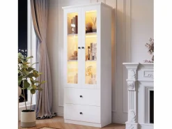 Outlet Merax Vitrina con 2 puertas y 2 cajones - 60 x 36 x 165 cm - LEDs - Estantes regulables - Tablero de partículas + MDF - Blanco