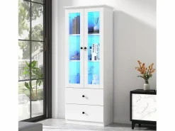 Outlet Merax Vitrina con 2 puertas y 2 cajones - 60 x 36 x 165 cm - LEDs - Estantes regulables - Tablero de partículas + MDF - Blanco