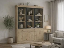Vente-unique Vitrina con almacenamiento y LEDs - Natural y negro - MARSORIA