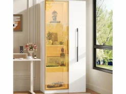 Clearance Vitrina con LED 70x40x160 cm - 1 puerta de vidrio y 1 cajón lateral deslizante - Ruedas - MDF + vidrio - Vitrina