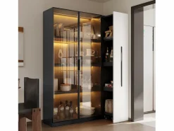 Sale Merax Vitrina con puerta de cristal - 110,5 x 35 x 160 cm - con LED y cajón lateral - MDF - negro y Blanco