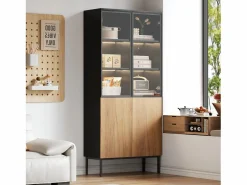 New Vitrina con puertas de cristal, 180 cm, con LED, estantes regulables, MDF, y roble (74x31x180 cm) Vitrina