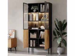 New Vitrina con puertas de cristal, 180 cm, con LED, estantes regulables, MDF, y roble (74x31x180 cm) Vitrina
