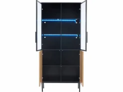 New Vitrina con puertas de cristal, 180 cm, con LED, estantes regulables, MDF, y roble (74x31x180 cm) Vitrina