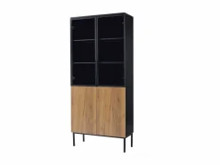 New Vitrina con puertas de cristal, 180 cm, con LED, estantes regulables, MDF, y roble (74x31x180 cm) Vitrina