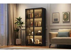 Clearance Merax Vitrina de cristal - 80 x 40 x 160 cm - con LED + 2 puertas con estantes móviles - aglomerado - Negro