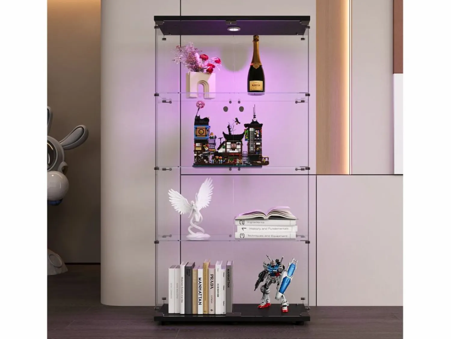 Hot Vitrina de cristal con soporte, LED, 2 puertas con cerradura, 4 compartimentos, para colecciones y decoración Vitrina