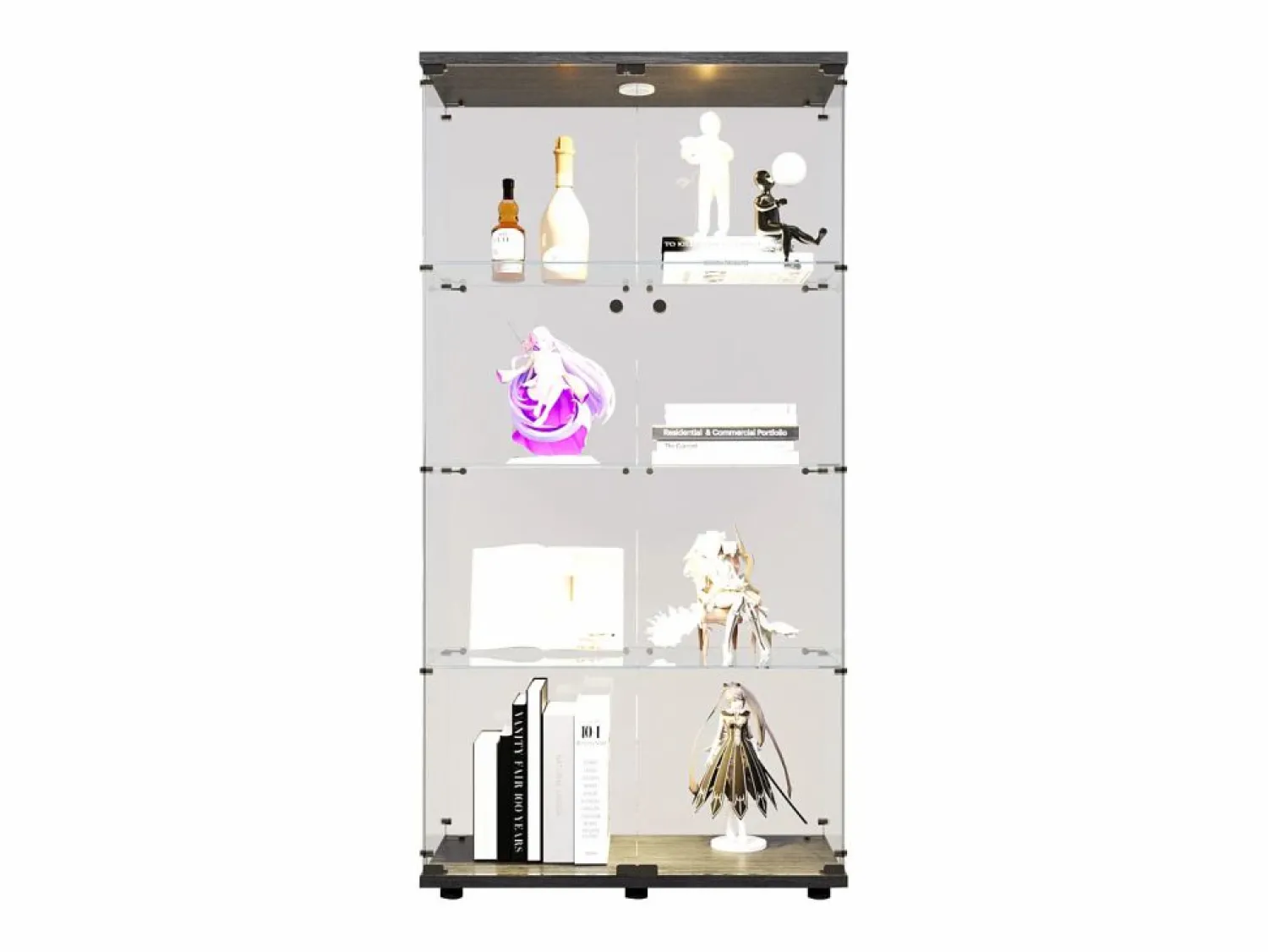 Hot Vitrina de cristal con soporte, LED, 2 puertas con cerradura, 4 compartimentos, para colecciones y decoración Vitrina