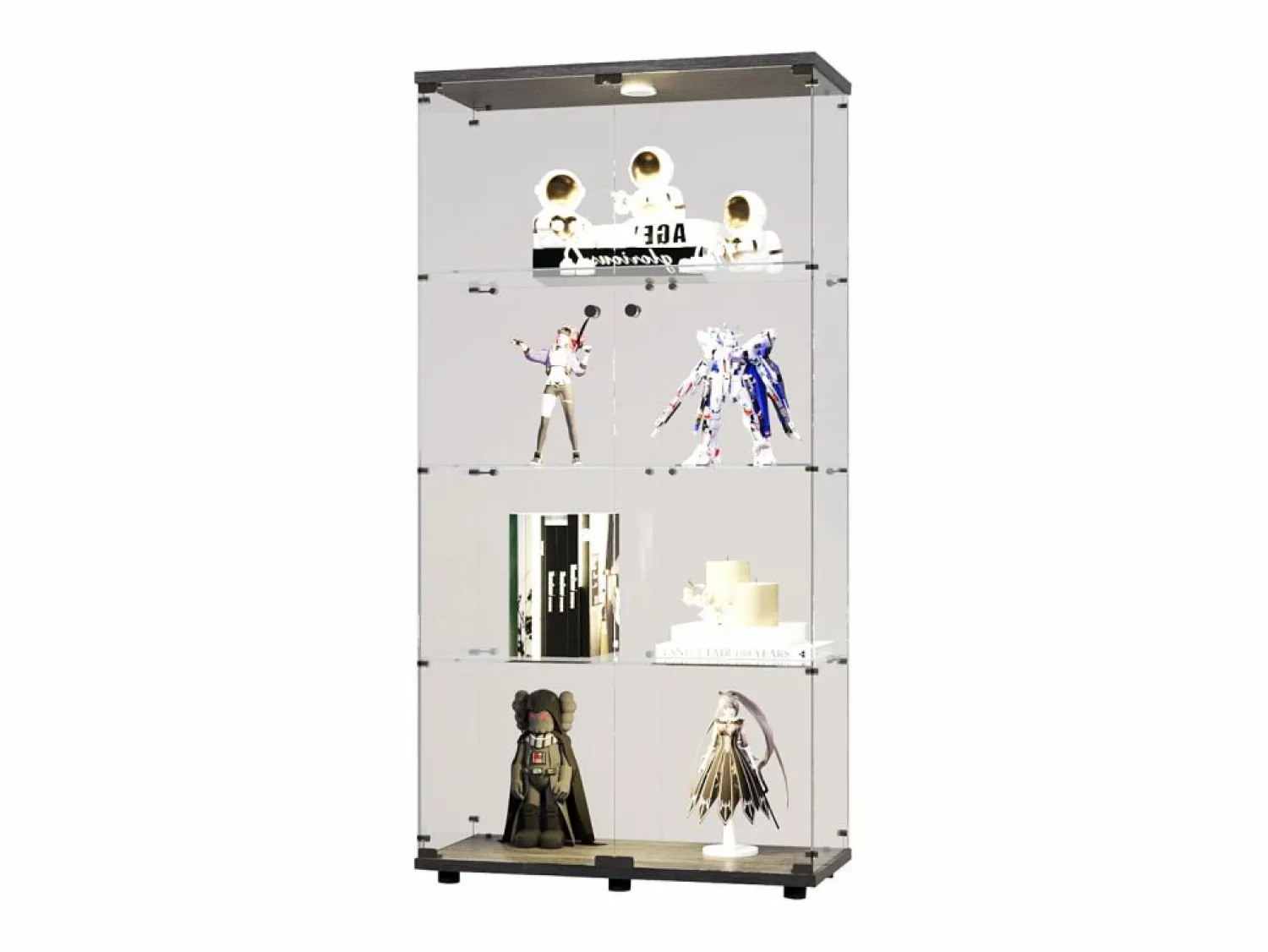 Hot Vitrina de cristal con soporte, LED, 2 puertas con cerradura, 4 compartimentos, para colecciones y decoración Vitrina