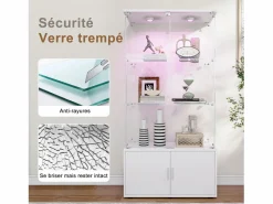 Online Vitrina de cristal de 3 estantes con gabinetes e iluminación LED – Diseño moderno Blanco