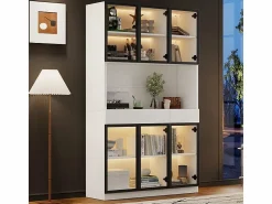 New Vitrina de Pared - 6 Puertas Cristal + 3 Cajones - con LED RGB - Panel de Partículas 120x36x200cm Vitrina