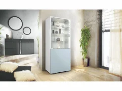 New Vitrina Granada, Armario Vitrina Made in Germany con Puerta de Cristal e Inserto de Cristal, blanco mate/mezclilla mate (50 x 122,5 x 34,5 cm) Azul celeste