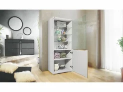New Vitrina Granada, Armario Vitrina Made in Germany con Puerta de Cristal e Inserto de Cristal, blanco mate/mezclilla mate (50 x 122,5 x 34,5 cm) Azul celeste