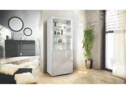 Best Vitrina Granada, Armario Vitrina Made in Germany con Puerta de Cristal e Inserto de Cristal, blanco mate/gris arena de alto brillo (50 x 122,5 x 34,5 cm) Beige