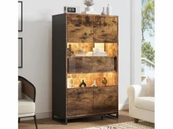 New Vitrina independiente - 80 x 40 x 138 cm - con LEDs + 2 cajones + 2 puertas - MDF - natural Vitrina