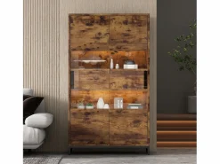 New Vitrina independiente - 80 x 40 x 138 cm - con LEDs + 2 cajones + 2 puertas - MDF - natural Vitrina