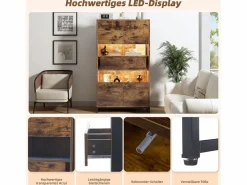New Vitrina independiente - 80 x 40 x 138 cm - con LEDs + 2 cajones + 2 puertas - MDF - natural Vitrina
