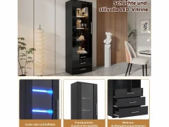 Clearance Vitrina lacada en con puertas de cristal, estante LED, 3 cajones, 60x35x180 cm Negro
