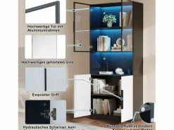 Vitrina LED con 4 puertas y estantes regulables, MDF, y Negro (160x30x200 cm)