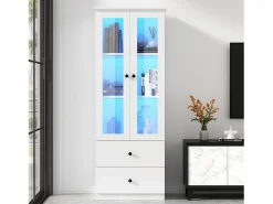 ModernLuxe Vitrina LED moderna 60x35x165 cm - con puerto USB - Mando a distancia 16 colores - con 2 cajones - con 2 puertas de cristal -