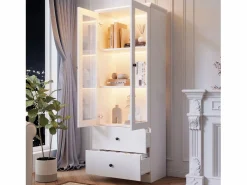ModernLuxe Vitrina LED moderna 60x35x165 cm - con puerto USB - Mando a distancia 16 colores - con 2 cajones - con 2 puertas de cristal -