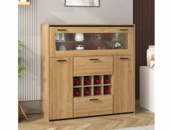Vitrina moderna con iluminación LED, puertas de cristal, estantes regulables, almacenamiento versátil, MDF, madera + negro (110x38x111 cm)