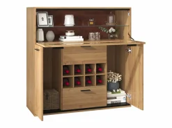 Vitrina moderna con iluminación LED, puertas de cristal, estantes regulables, almacenamiento versátil, MDF, madera + negro (110x38x111 cm)