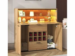 Vitrina moderna con iluminación LED, puertas de cristal, estantes regulables, almacenamiento versátil, MDF, madera + negro (110x38x111 cm)