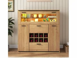 Vitrina moderna con iluminación LED, puertas de cristal, estantes regulables, almacenamiento versátil, MDF, madera + negro (110x38x111 cm)