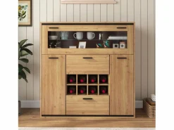 Vitrina moderna con iluminación LED, puertas de cristal, estantes regulables, almacenamiento versátil, MDF, madera + negro (110x38x111 cm)