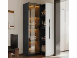 Outlet Vitrina móvil 70x40x160 cm - Estantería - Iluminación LED - 1 puerta de vidrio y 1 cajón - con ruedas - MDF - Negro y blanco Vitrina
