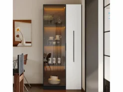 Outlet Vitrina móvil 70x40x160 cm - Estantería - Iluminación LED - 1 puerta de vidrio y 1 cajón - con ruedas - MDF - Negro y blanco Vitrina