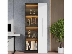 Outlet Vitrina móvil 70x40x160 cm - Estantería - Iluminación LED - 1 puerta de vidrio y 1 cajón - con ruedas - MDF - Negro y blanco Vitrina
