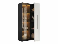Outlet Vitrina móvil 70x40x160 cm - Estantería - Iluminación LED - 1 puerta de vidrio y 1 cajón - con ruedas - MDF - Negro y blanco Vitrina