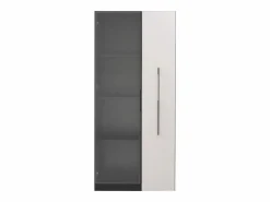 Outlet Vitrina móvil 70x40x160 cm - Estantería - Iluminación LED - 1 puerta de vidrio y 1 cajón - con ruedas - MDF - Negro y blanco Vitrina