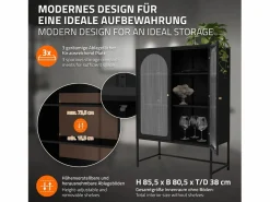 Clearance ML-DESIGN Vitrina negra 85x120x40cm con 2 puertas y 3 cajones, mueble metálico archivador Negro