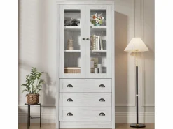 ModernLuxe Vitrina 80x34x171 cm - con 2 puertas de vidrio - 3 cajones - gris + natural