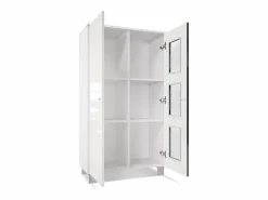 Vladon Vitrina Denjo, Cristalera con 2 Puertas y 3 Estantes de cristal, Blanco mate/Blanco de alto brillo/Roble natural (71 x 129 x 35 cm)