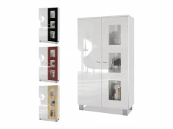 Vladon Vitrina Denjo, Cristalera con 2 Puertas y 3 Estantes de cristal, Blanco mate/Blanco de alto brillo/Roble natural (71 x 129 x 35 cm)