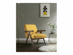 Moloo WARREN-Sillón de tela mostaza y madera gris teñida de nogal